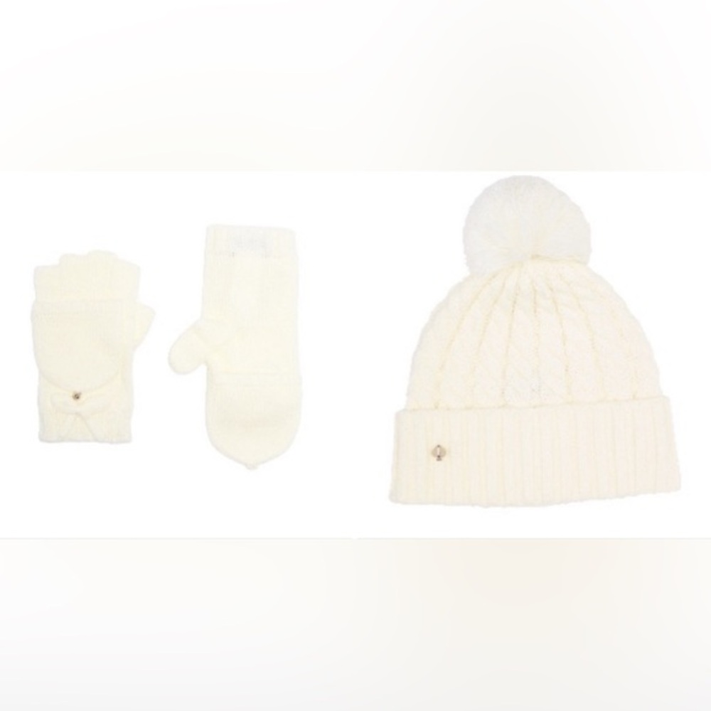 NEW! Kate Spade New York Cable knit Beanie and rib top pop mittens